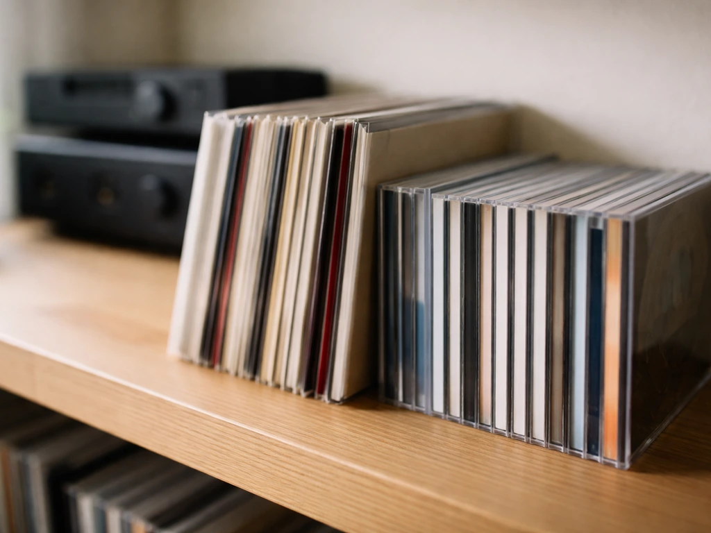 Minimal arrangement of vinyl and CD sleeves on a shelf, evoking music royalties and streaming catalog.