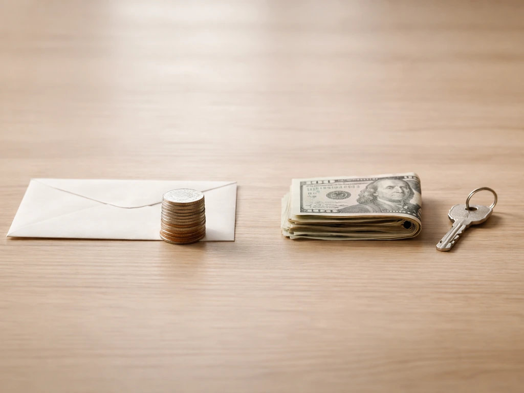 Minimal photo showing a small stack of coins and a separate pile of bills beside a house key