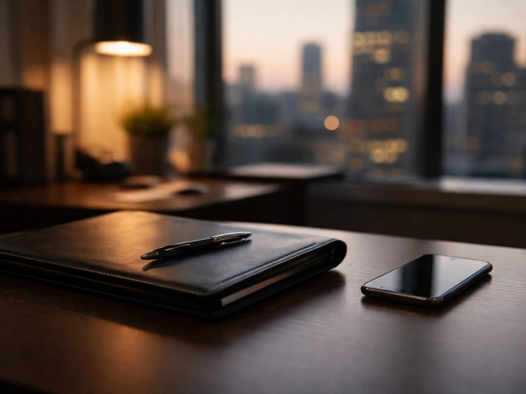 Minimal office desk scene with a business folder and pen, suggesting corporate identity research