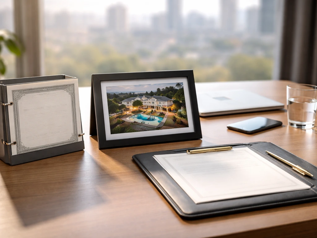 Minimal executive desk showing three asset categories symbolically: business equity papers, property, and investments.