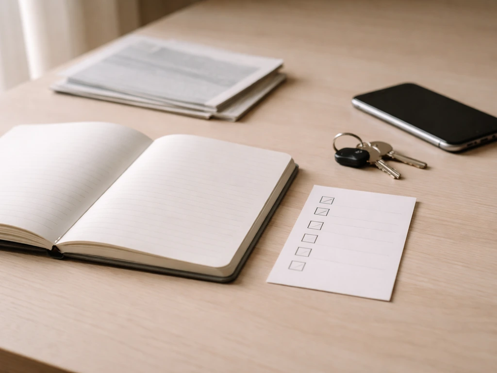 Minimal desk with open notebook and blank checklist card symbolizing DIY net-worth verification steps.