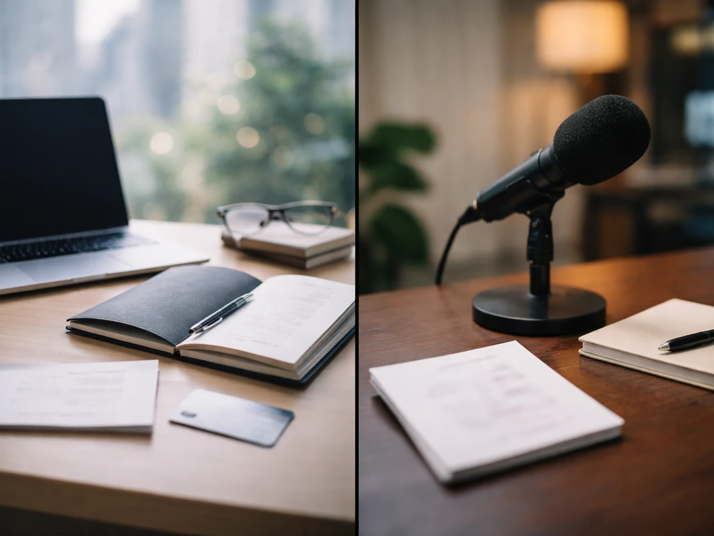 Minimal split-scene office desks with a blurred businessman notebook, symbolizing two different Horowitz references