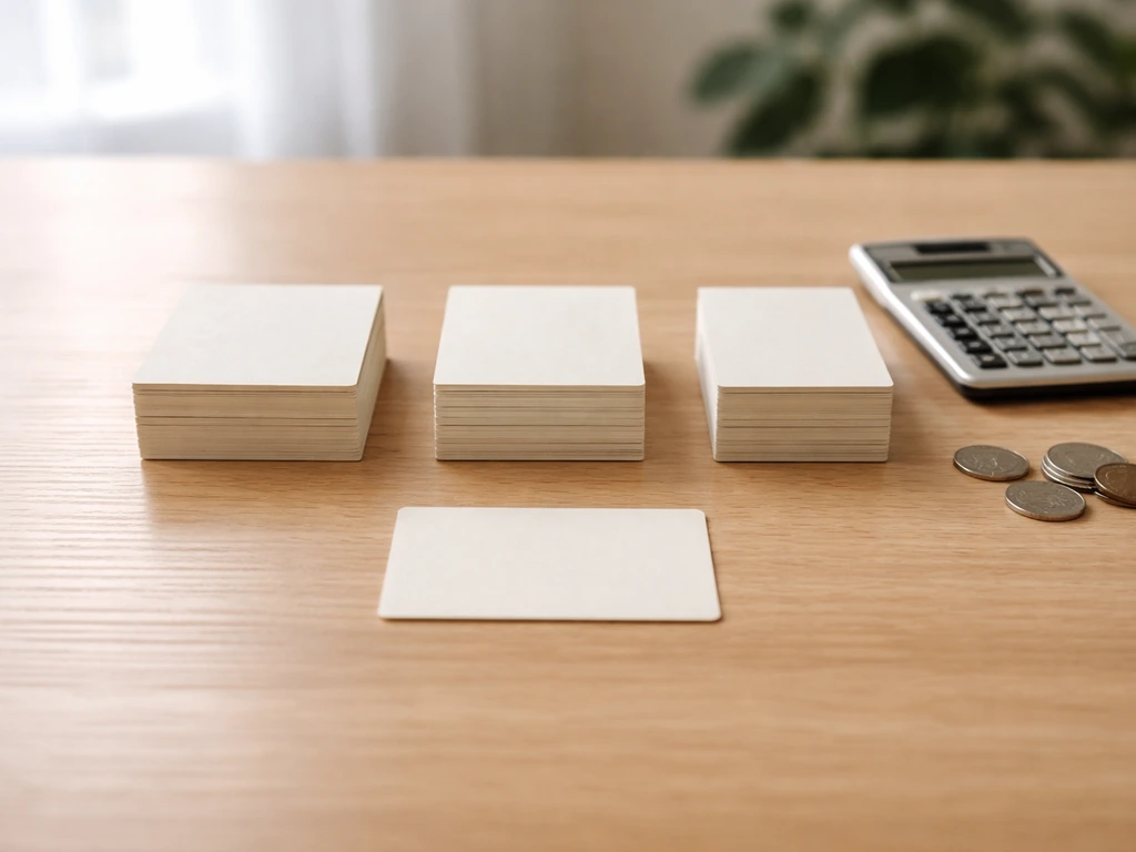 Minimal desk scene with unlabeled cards and coins suggesting assets, liabilities, and net worth.