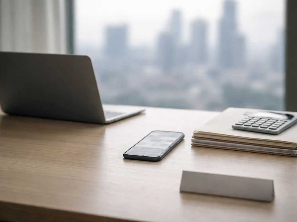 Desk with blurred finance news on phone, documents and calculator, symbolizing researching a net worth estimate.