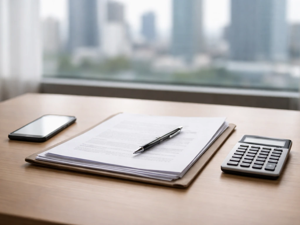 Minimal desk scene with unlabeled financial papers, pen, and calculator symbolizing a net worth estimate basis.