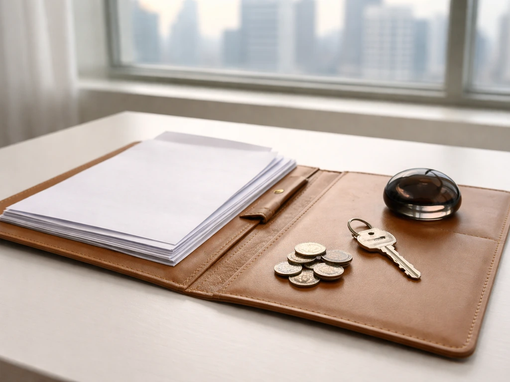 Minimal photo of a desk with a blank folder, a small stack of documents, and a house key beside neutral coins