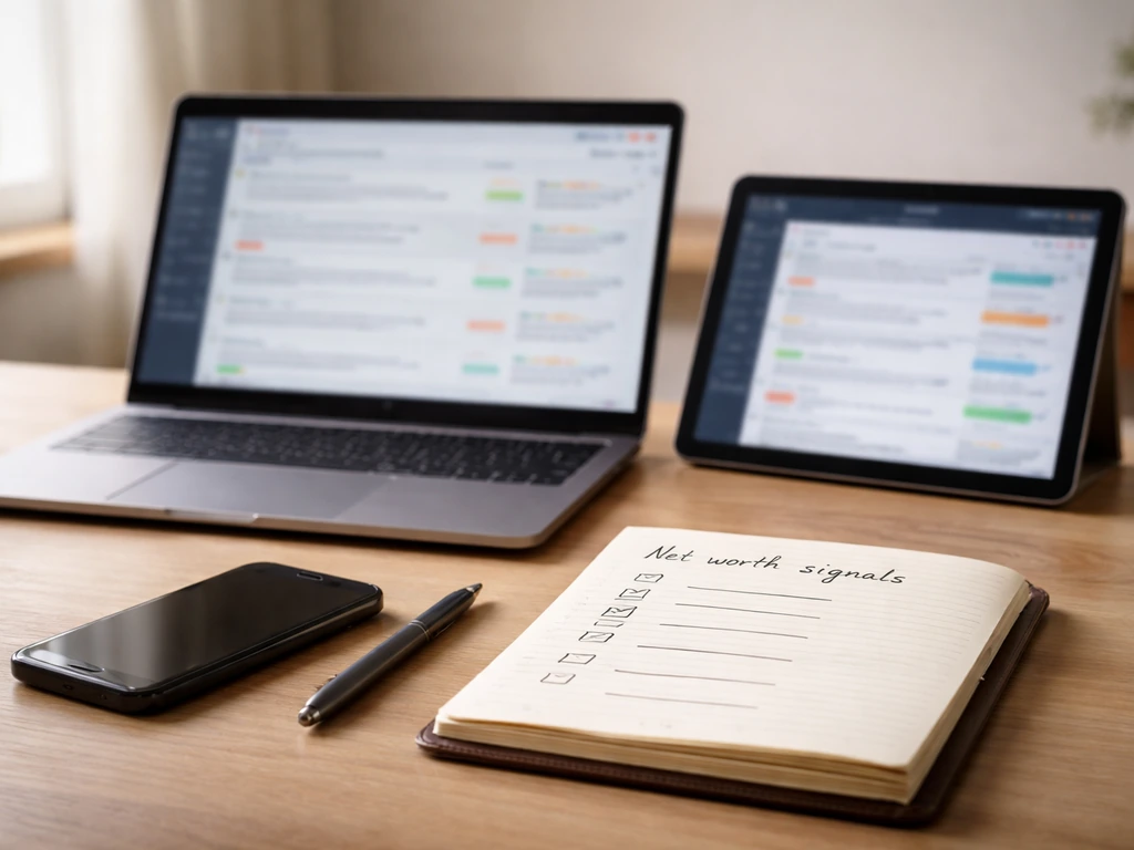 Minimal desk with laptop and blurred news alerts, plus notebook titled Net worth signals.