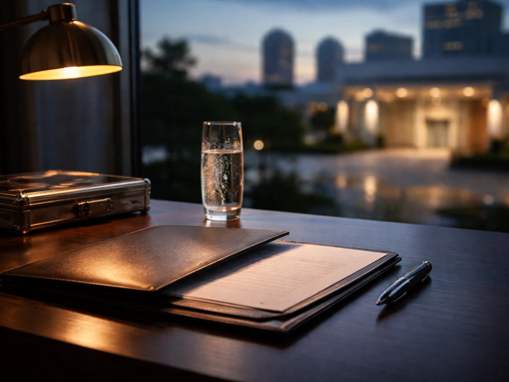 Moody desk scene with a champagne glass, portfolio folders, and a soft city skyline suggesting private wealth