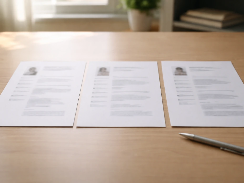 Minimal desk scene with a few blurred document sheets suggesting multiple records for identity comparison