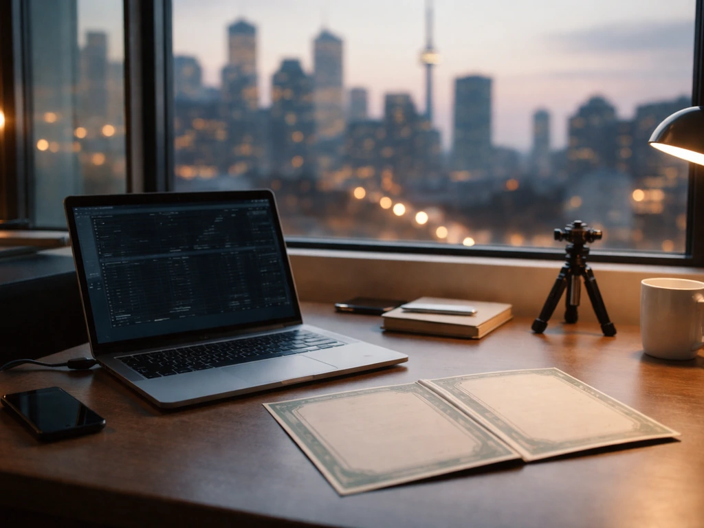 Minimal scene of an early 2000s trading floor desk with a laptop, framed certificates, and a blurred city skyline