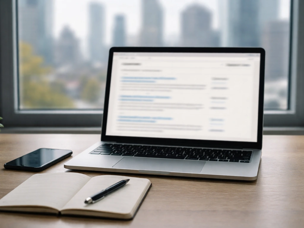 Minimal desk scene with laptop and blurred registry search results for self-verifying an estimate