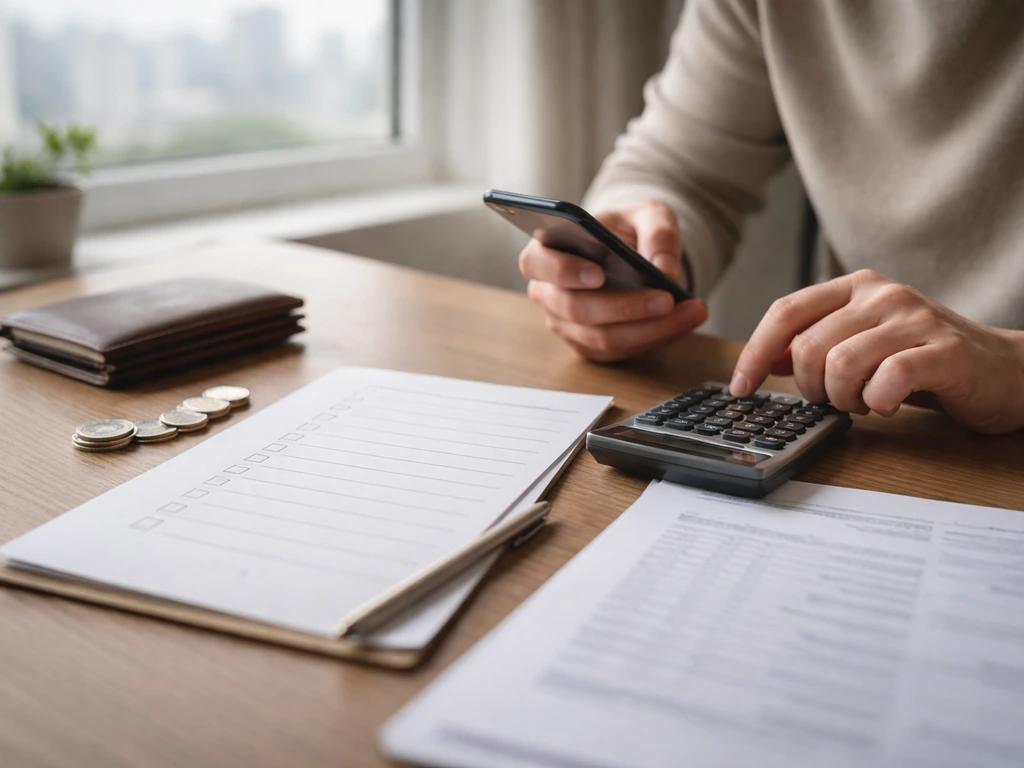 Hands reviewing financial documents with calculator and checklist on a desk by a window.