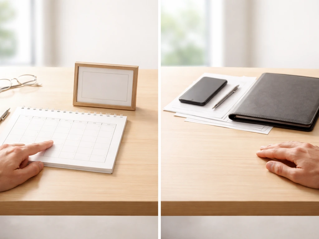 Hands compare two minimal desk setups: blank calendar date cue and finance portfolio cue.
