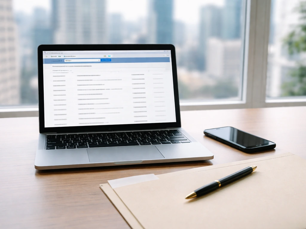 Minimal desk with laptop open to a generic business filing search interface and phone nearby.