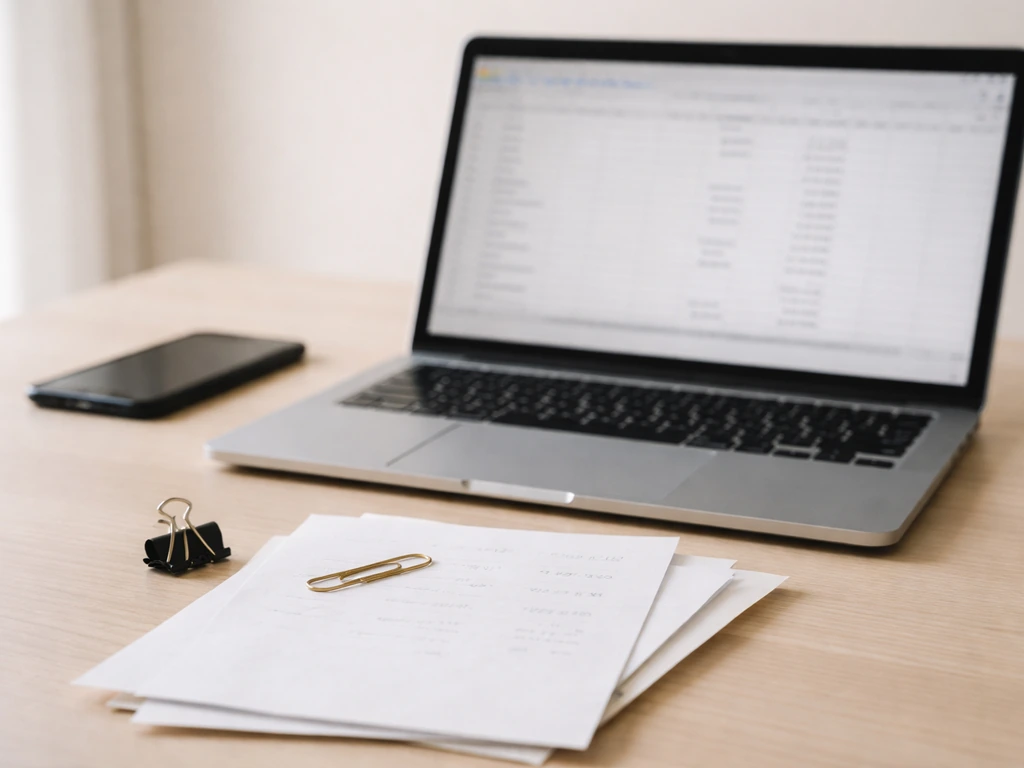 Minimal desk scene with laptop and blank documents suggesting verifying and updating an estimate.