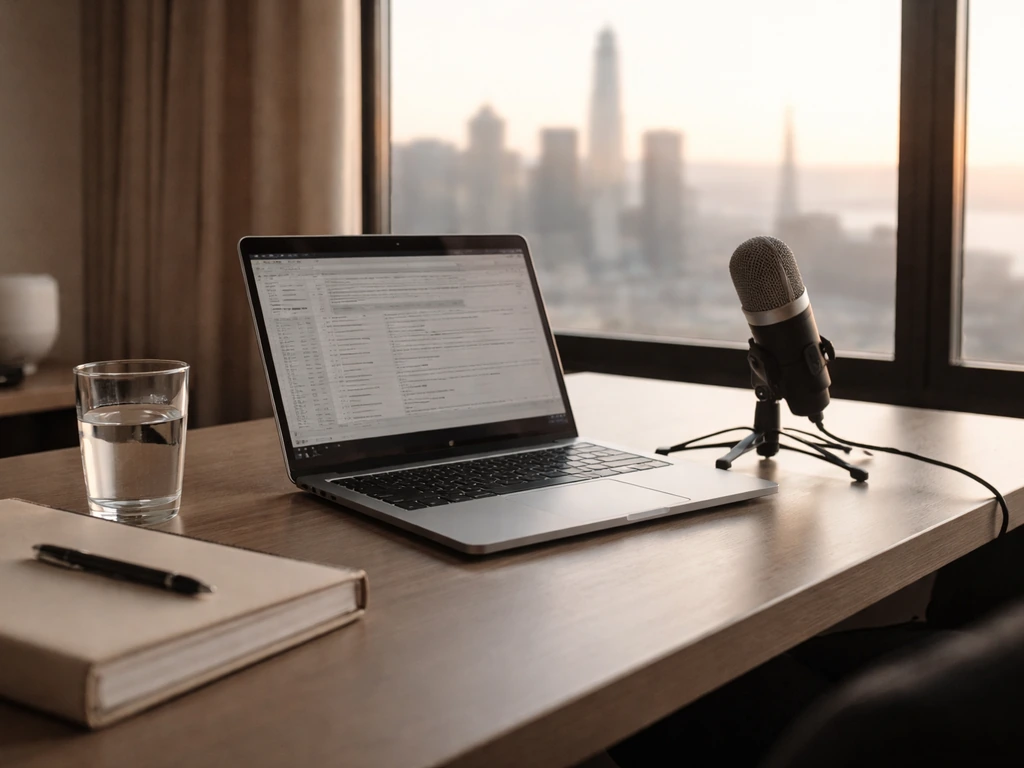 Private equity finance scene with a desk microphone and blurred city skyline symbolizing net worth verification.