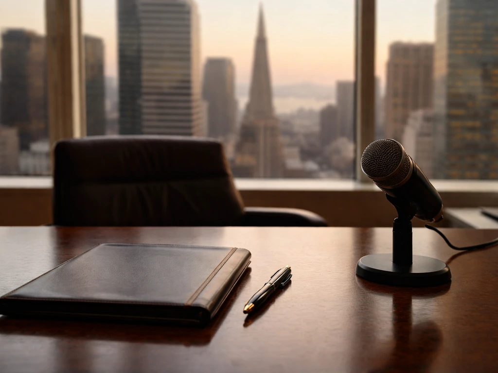 Minimal photo of a private equity finance office: desk items and blurred San Francisco skyline through window