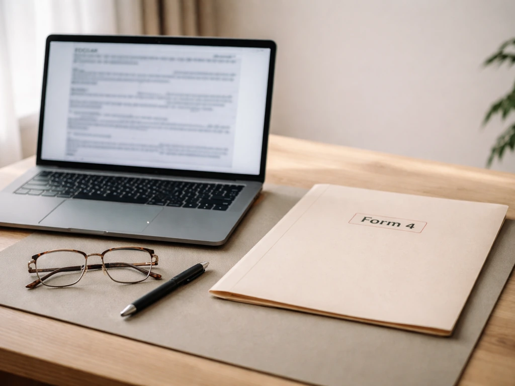 Minimal desk scene with a laptop and printed Form 4 materials suggesting SEC filings and stock holdings.