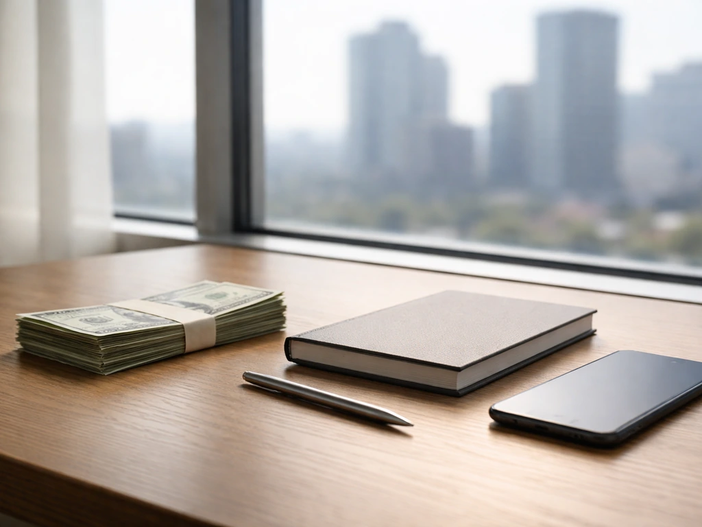 Minimal desk scene with scattered cash and a blurred city view, symbolizing net worth categories
