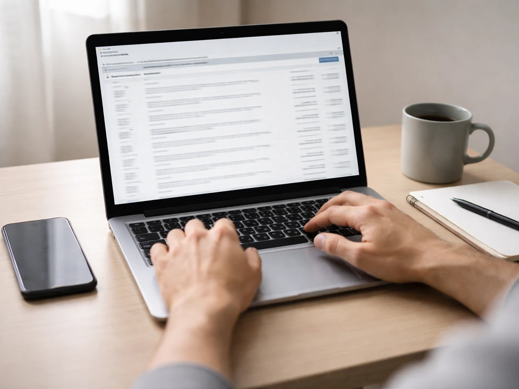 Anonymous hands searching on a laptop at a quiet desk, suggesting SEC EDGAR verification flow.