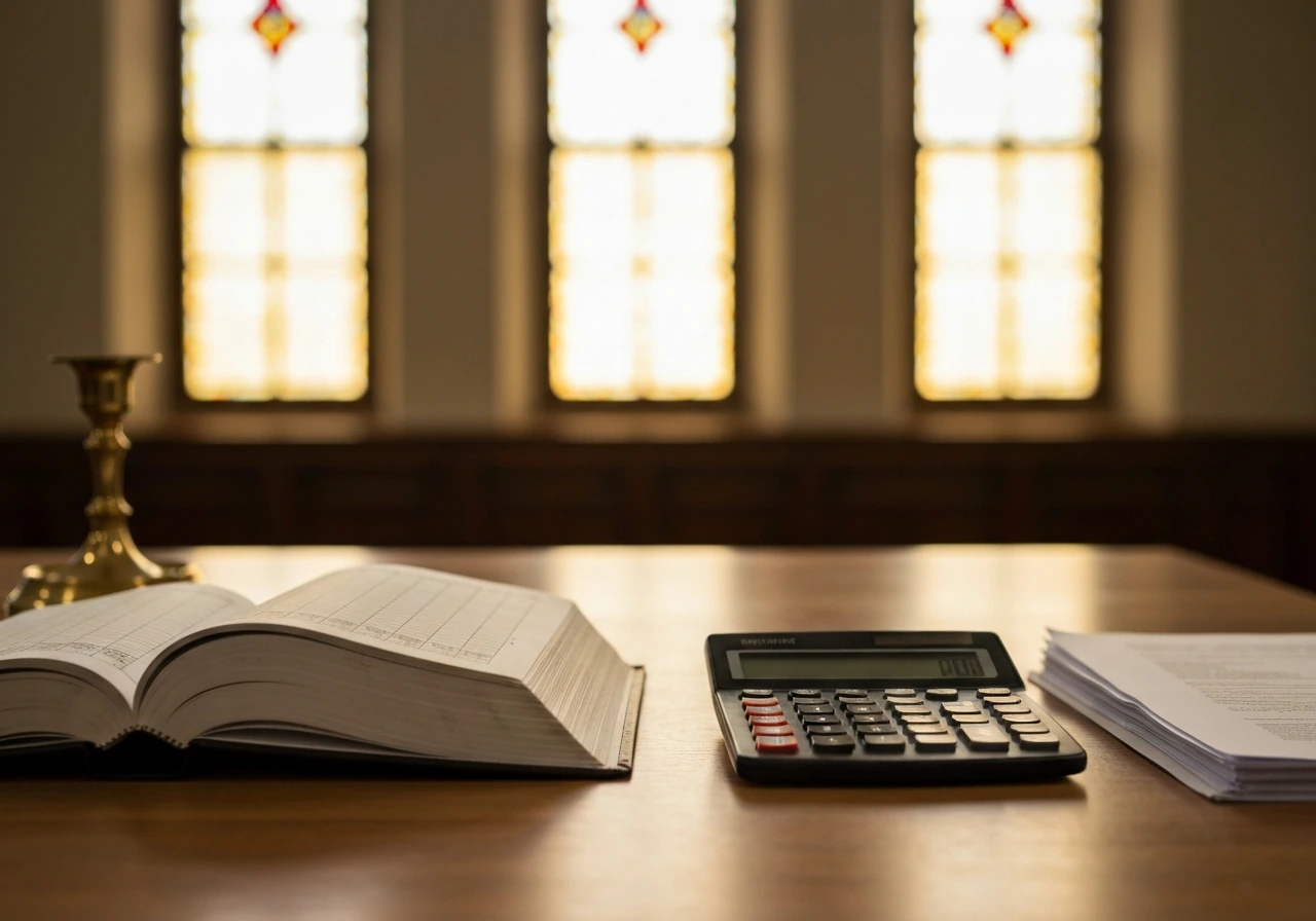 Calculator and ledger on a desk beside a softly lit synagogue window, symbolizing net worth estimation.