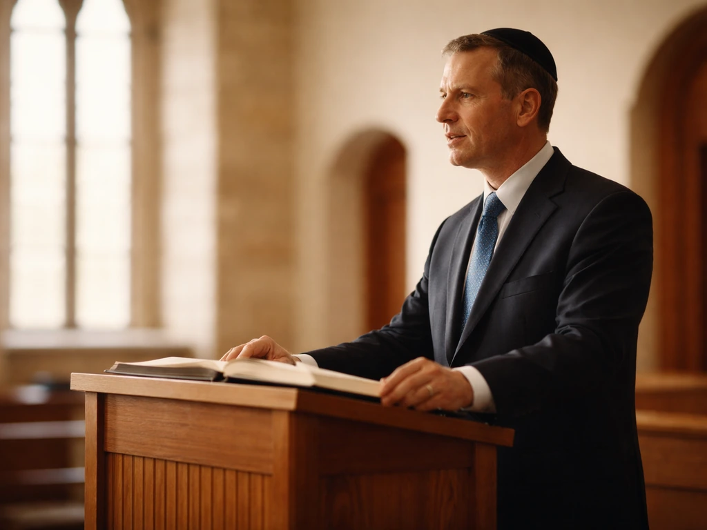 A synagogue rabbi speaking at a lectern, warm light, blurred congregants in the background