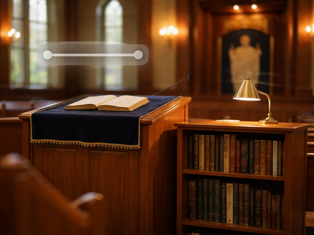 Empty synagogue pulpit with nearby shelf in natural daylight, subtle non-text callout shapes indicating salary range.