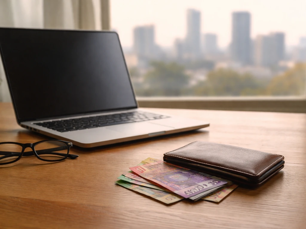 South African finance-themed desk scene with scattered rand notes, laptop, and blurred city skyline backdrop