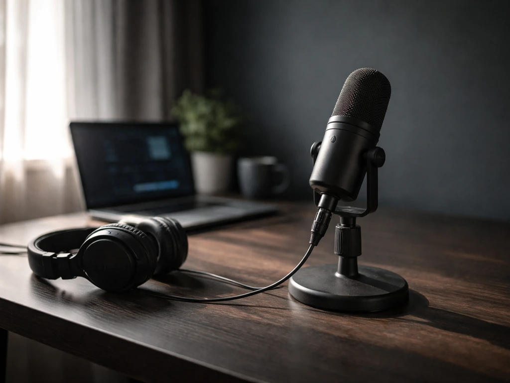 Minimal studio scene with a microphone and dark backdrop, symbolizing media and public-profile research.