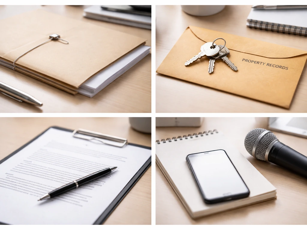 Minimal desk collage with contract paper, keys/property record look, microphone, and blank phone screen