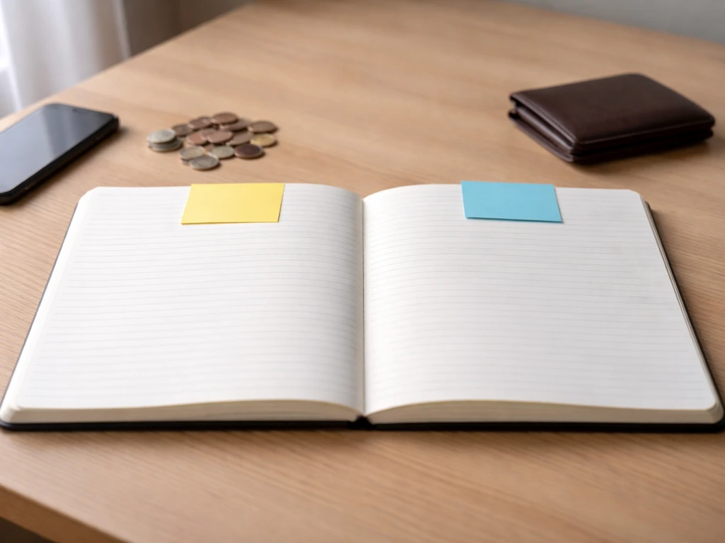 Minimal photo of two open notebooks on a desk with coins and a smartphone, symbolizing differing net worth methods.
