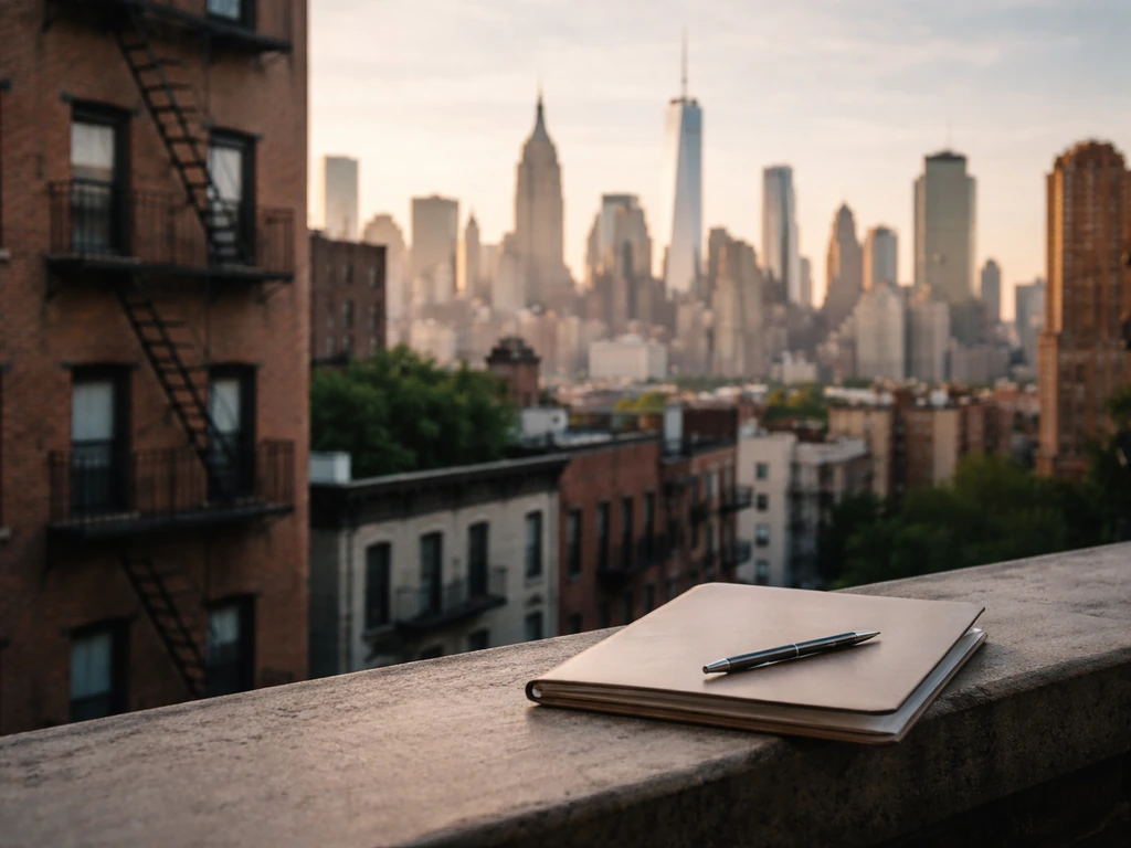 NYC skyline above a quiet residential multifamily building facade with a pen and folder in the foreground