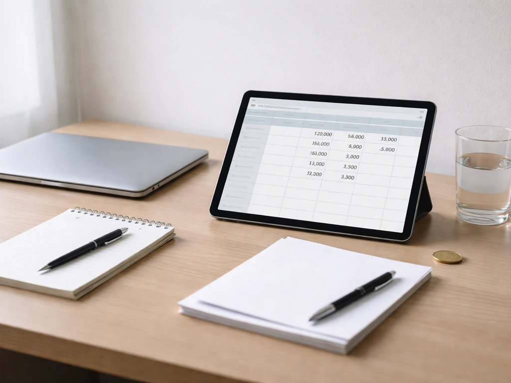 Minimal office desk with a laptop/tablet showing a blurred spreadsheet grid with illustrative numbers for net worth buil