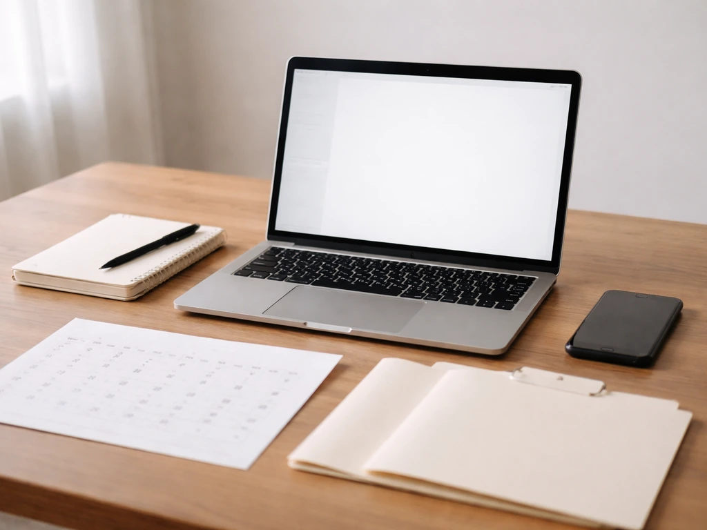Minimal desk scene with laptop open to property research, notebook, and a calendar beside blank tabs