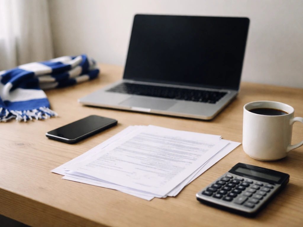 Minimal desk scene with an anonymous analyst’s laptop, calculator, and blurred transfer papers hinting net worth estimat