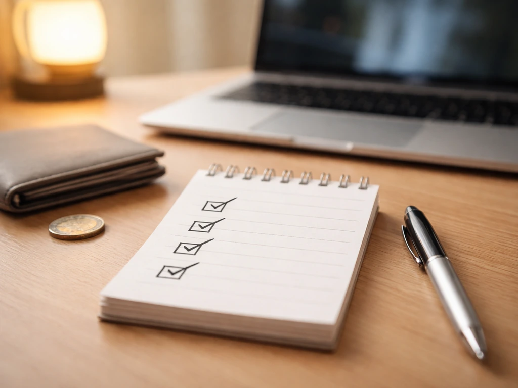 Minimal close-up of a checklist notepad with checkmarks beside a laptop, symbolizing verifying online estimates