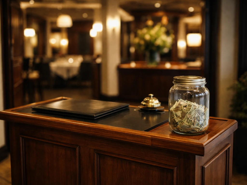 Empty upscale restaurant foyer with a donation jar and host stand, symbolizing philanthropy and business finance.