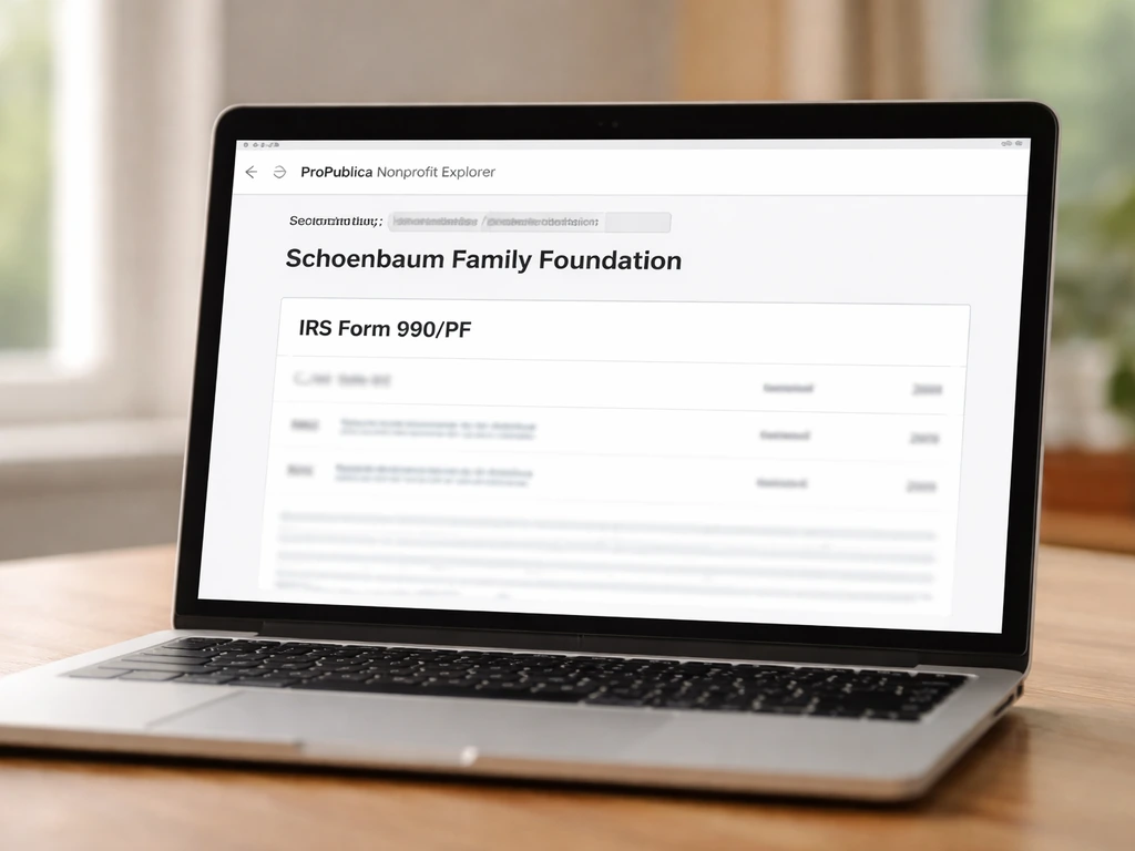Laptop screen showing a ProPublica Nonprofit Explorer entry for Schoenbaum Family Foundation and IRS Form 990-PF.