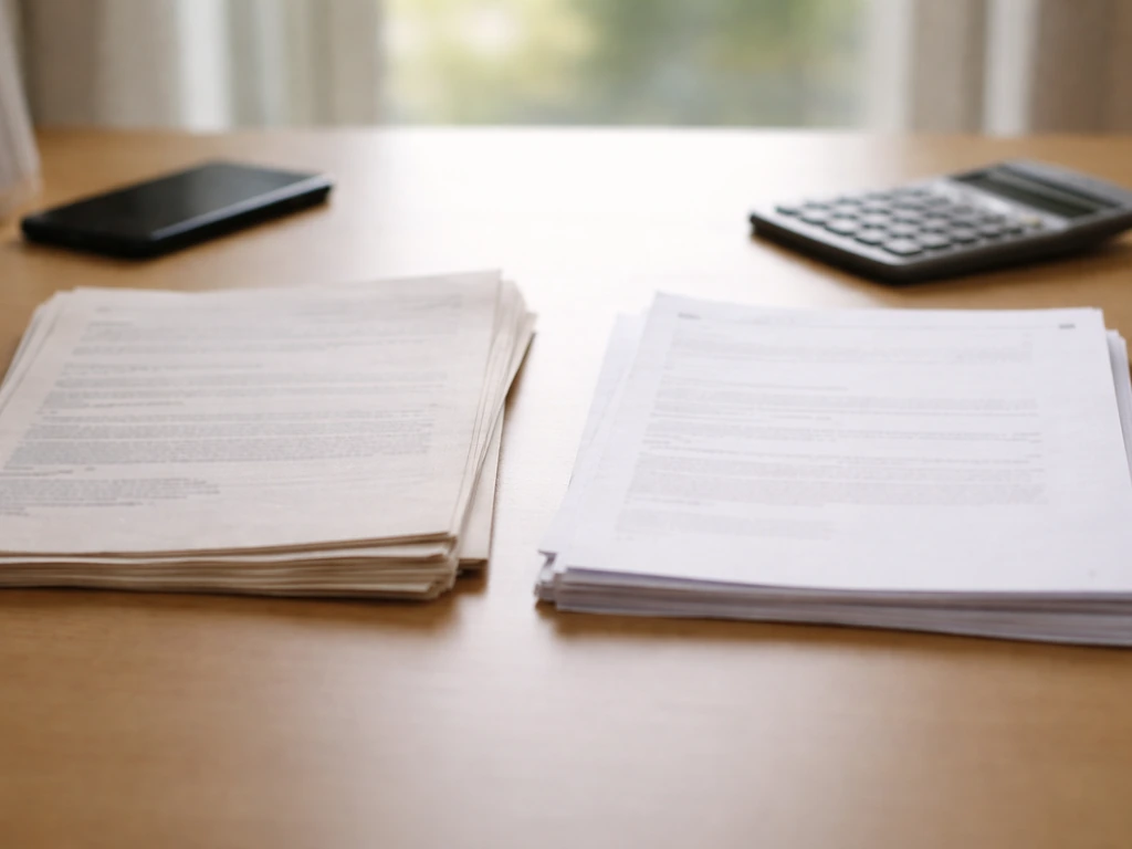 Desk with two out-of-date and newer paper files, suggesting mismatched net-worth snapshots.