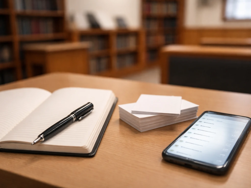Open notebook and smartphone on a desk with verification-style cards in a quiet study room.