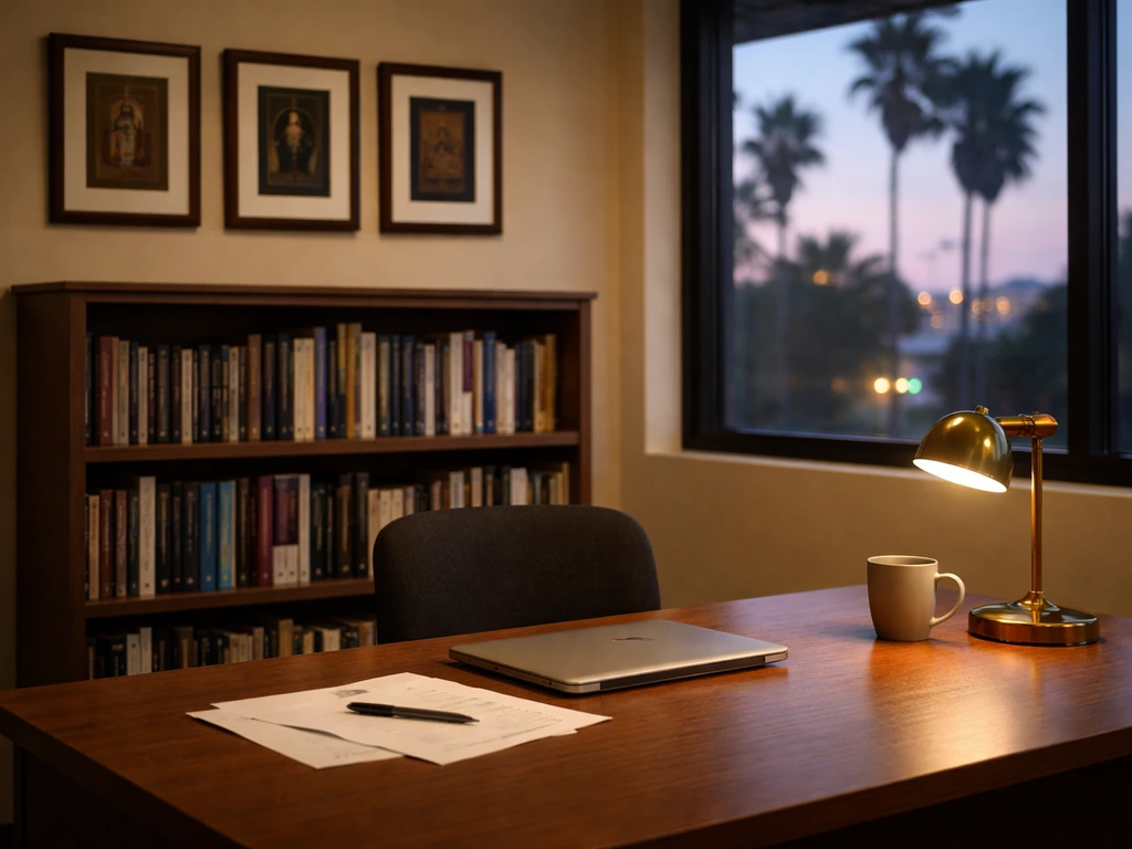 Empty community office desk with laptop and papers, warm LA light suggesting confidence and institutional work