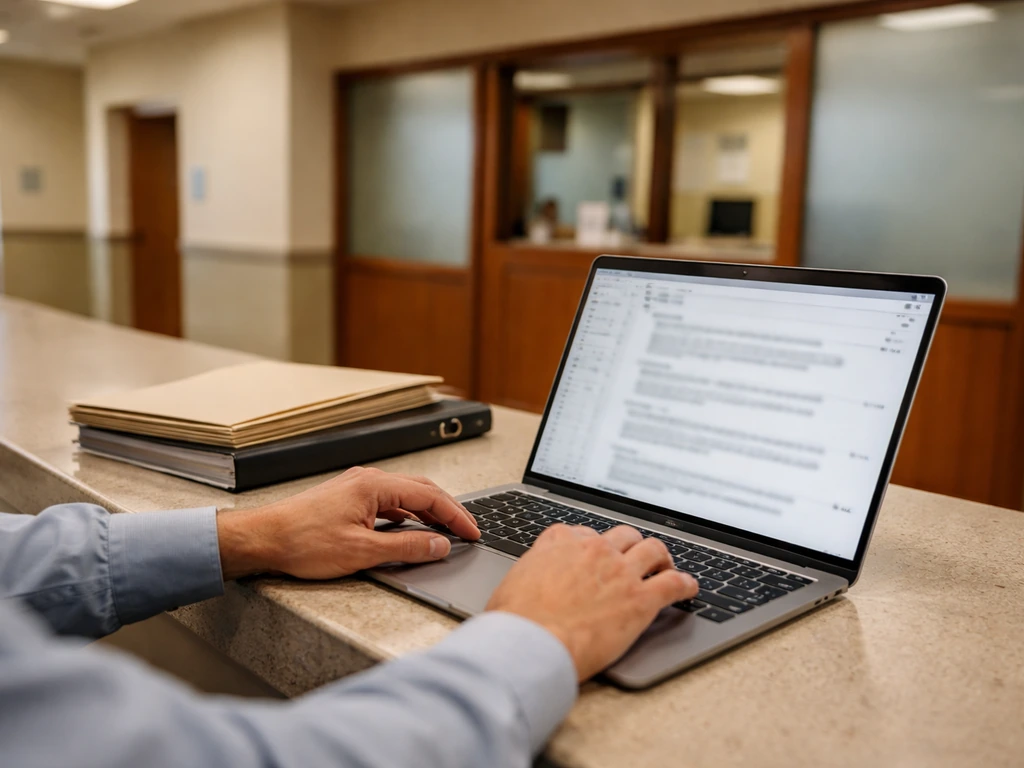 Close-up of hands at a courthouse records desk with a laptop showing blurred public-record search results