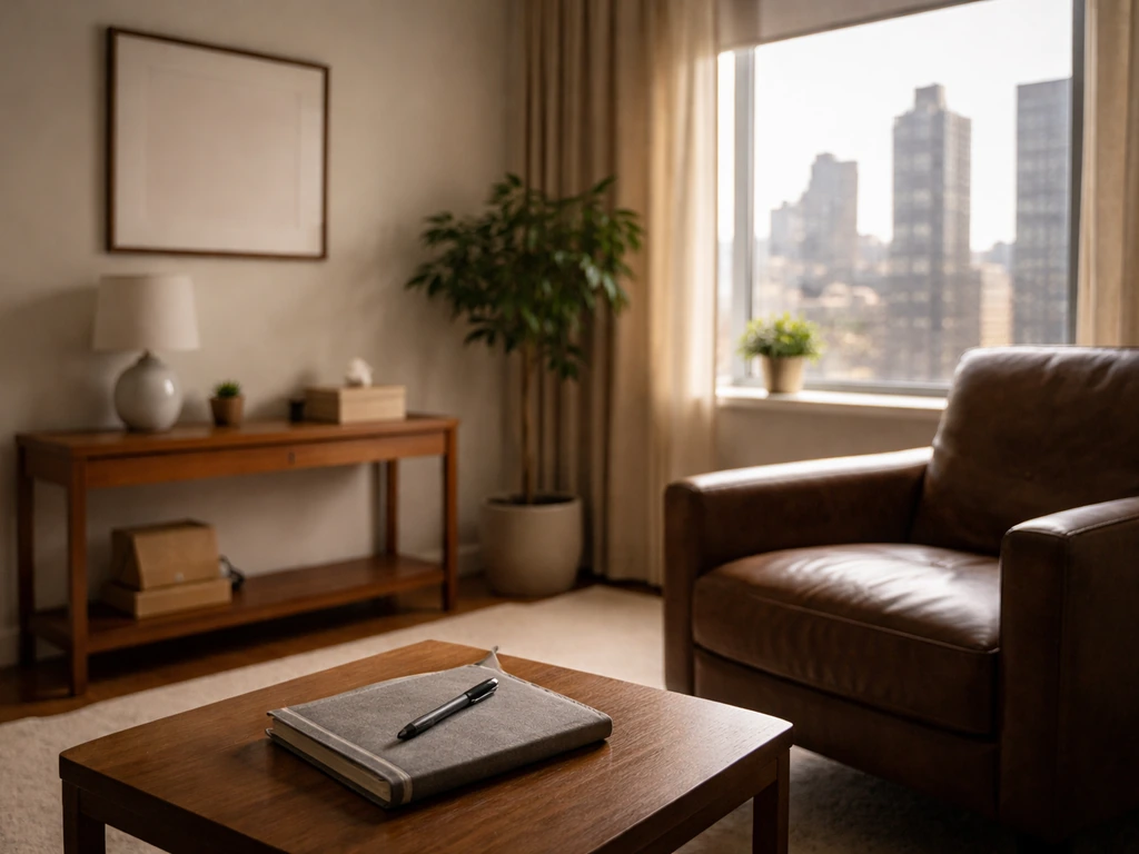 Clinician in a quiet NYC office with a closed laptop and soft daylight, calm psychotherapy practice mood.