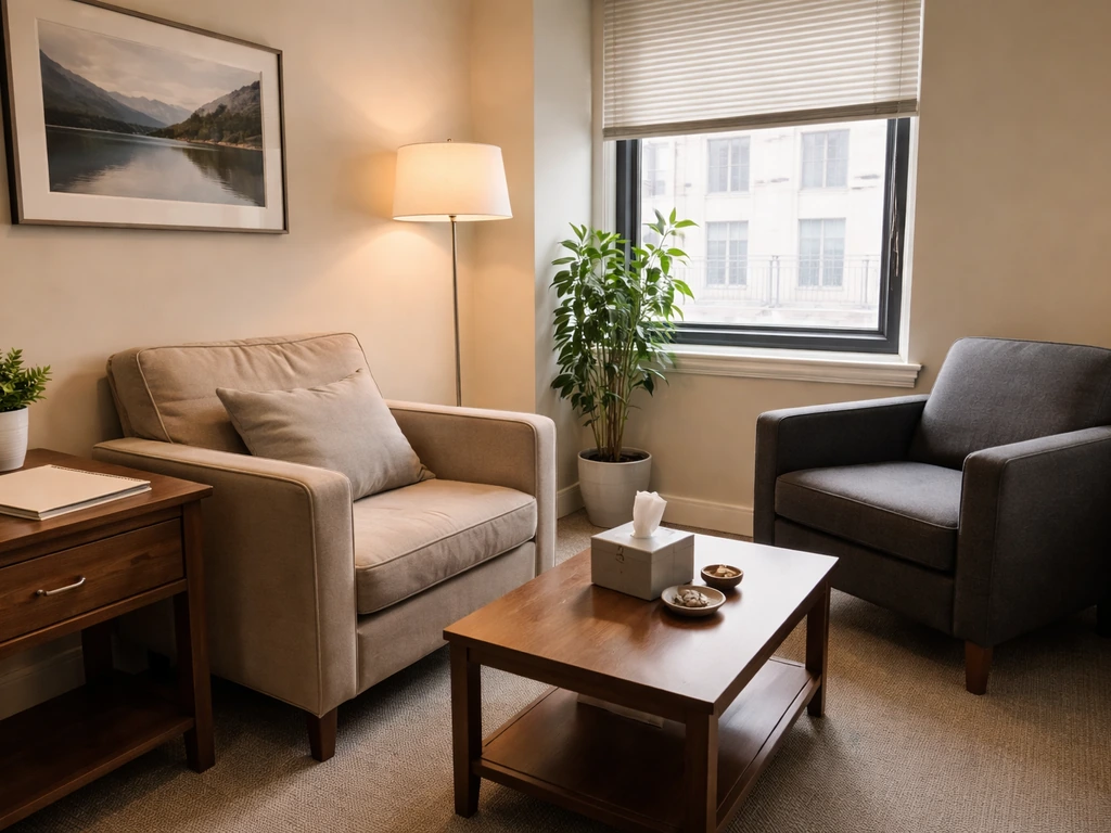 Calm therapist office in Manhattan with two chairs, warm light, and a small desk setup