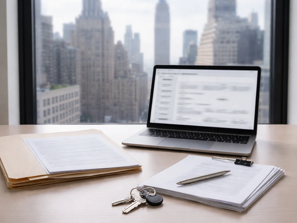 Office desk with blurred property-record lookup on laptop and printed records beside key fobs