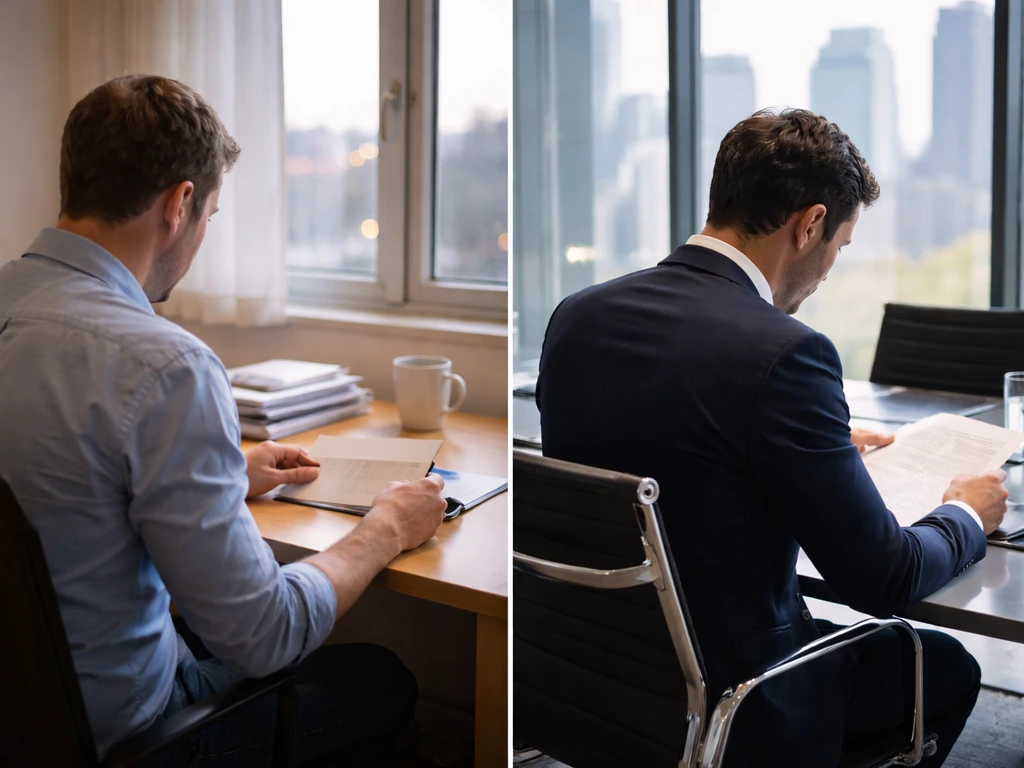 Two anonymous business desk scenes side by side, highlighting German SME owner vs European corporate role cues