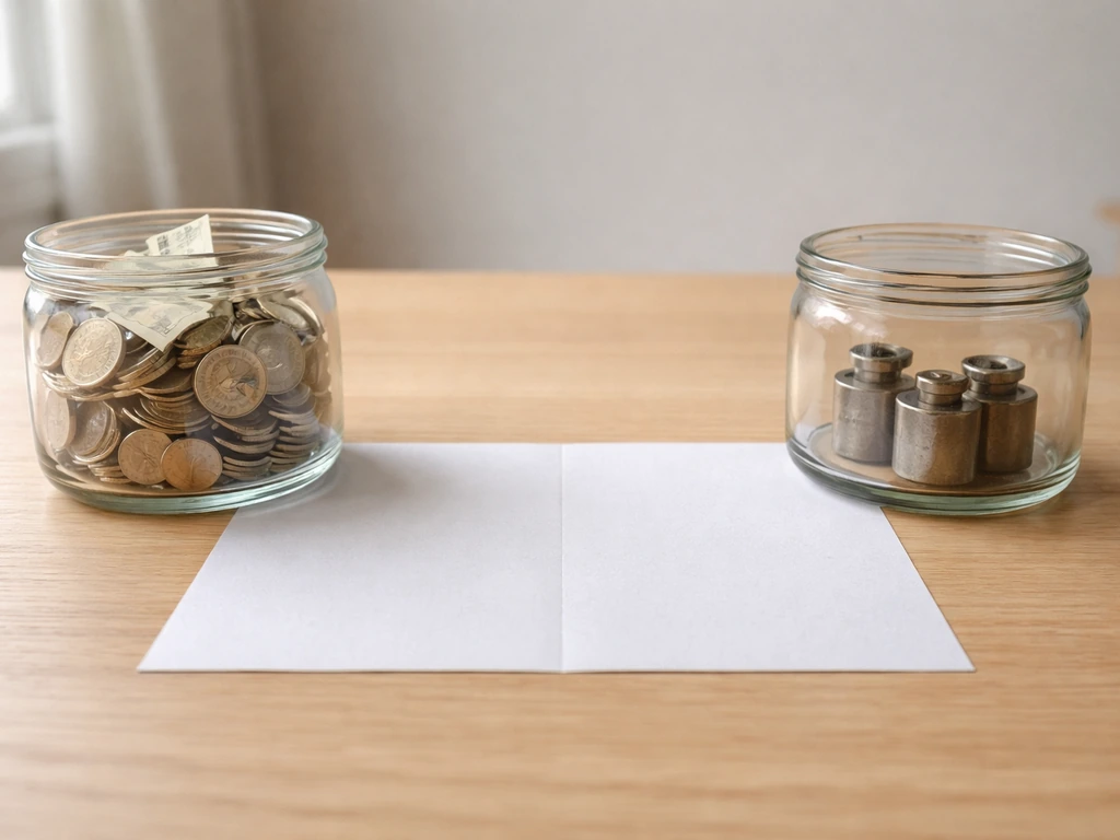 Minimal desk with two clear glass containers suggesting assets and liabilities for net worth.