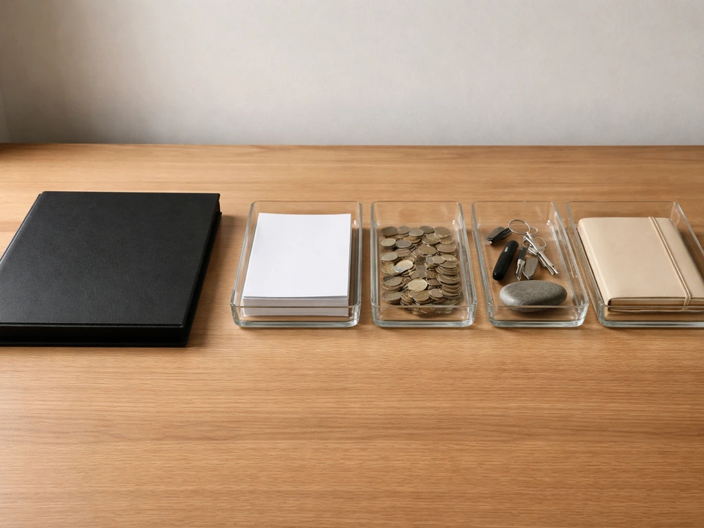 Minimal desk scene with four separate glass containers representing different asset categories for a GmbH.