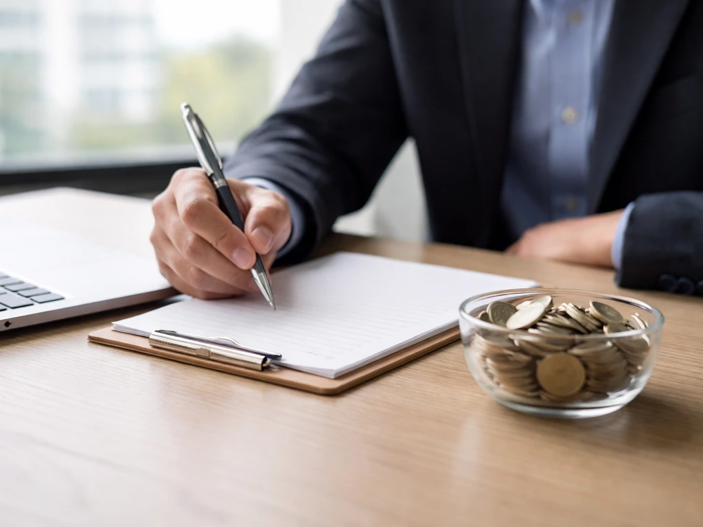 Anonymous desk scene with coins in a glass bowl and pen beside a closed laptop in soft daylight.