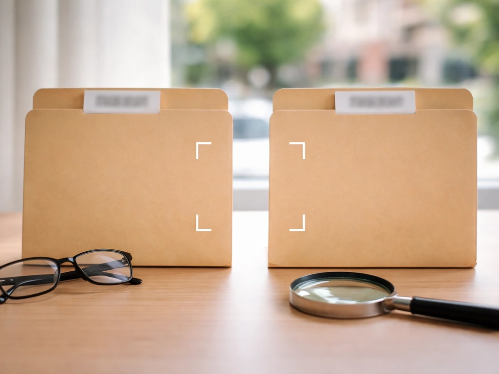 Two side-by-side folders on a desk with identity-check props, suggesting a name mix-up.